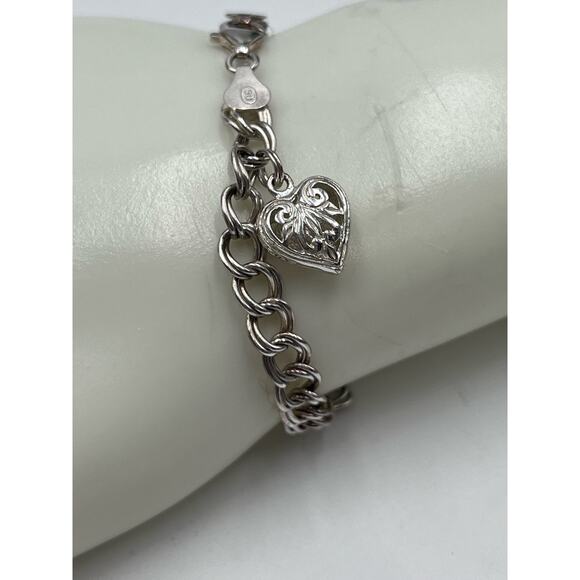 SU Sterling Silver Signed Italy Double Link Charm Bracelet With Heart Charm - Picture 1 of 8
